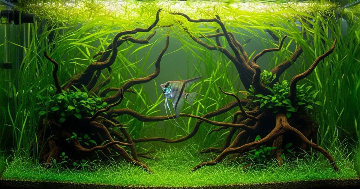 A planted aquascape with two driftwood roots, tall background grasses and a low carpet, with one silver angelfish at the centre.