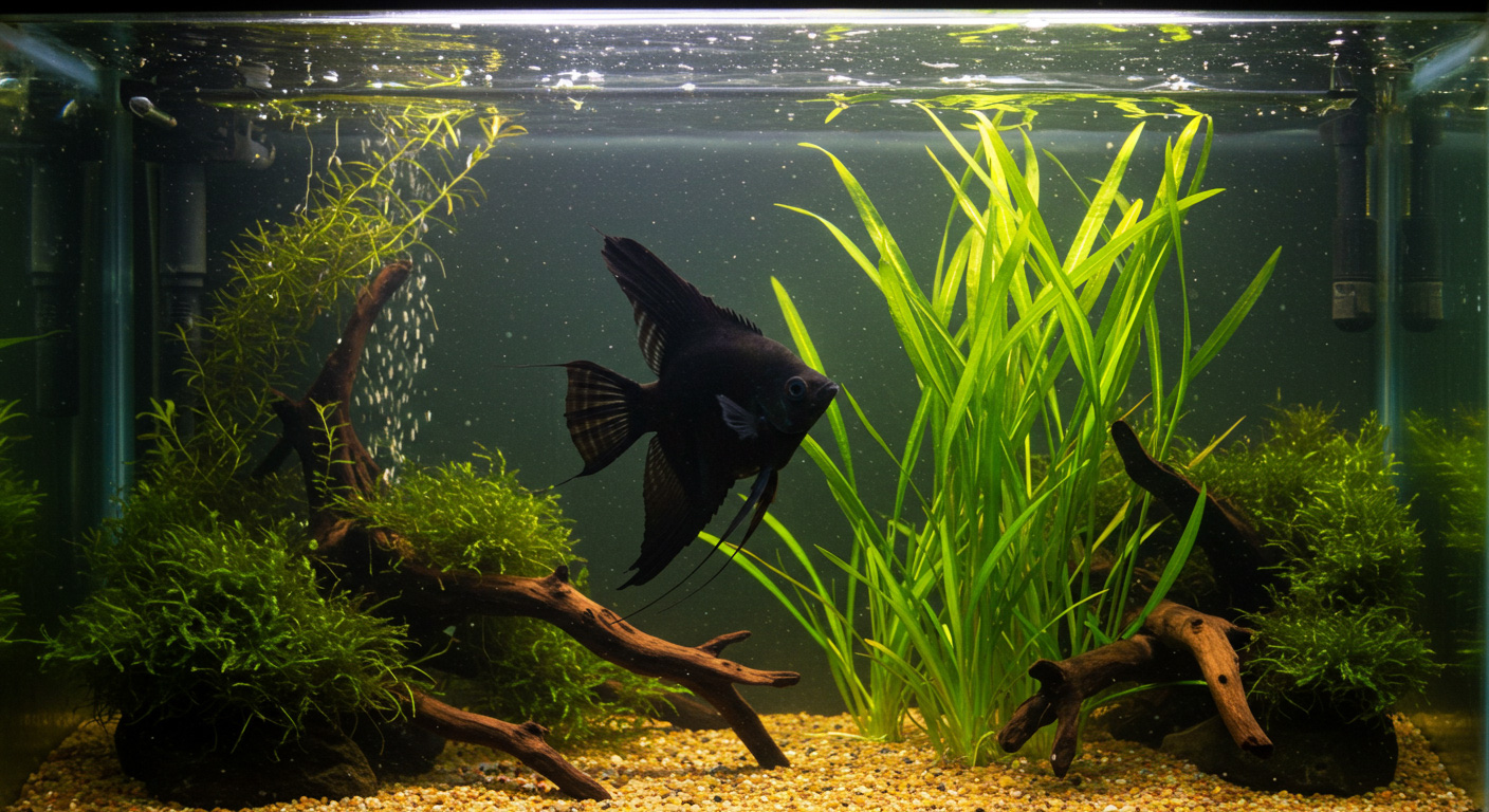 A solid black angelfish in a planted tank with driftwood, tall grassy plants and pale gravel.