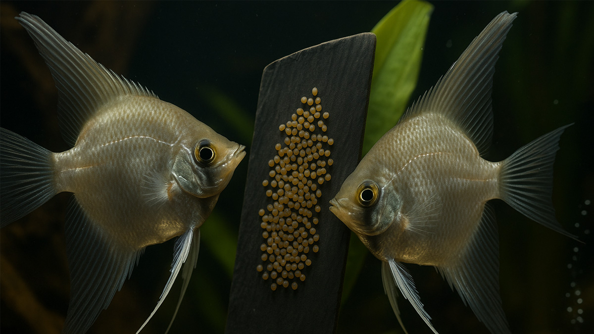 A pair of silver angelfish flanking a dark slate covered with a dense cluster of amber eggs.