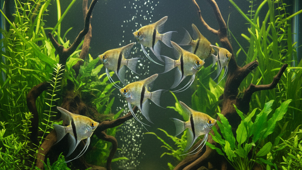 Seven silver freshwater angelfish with dark vertical bars drifting among driftwood branches and tall green plants.