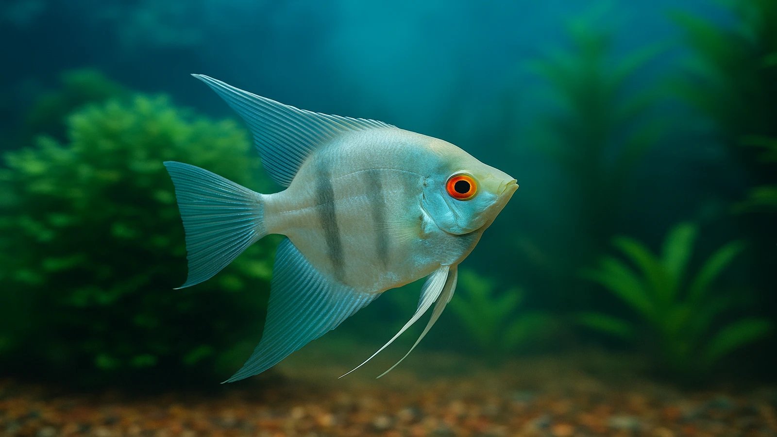 A silver freshwater angelfish with an orange eye and faint dark bars, hanging in front of blurred green planting.