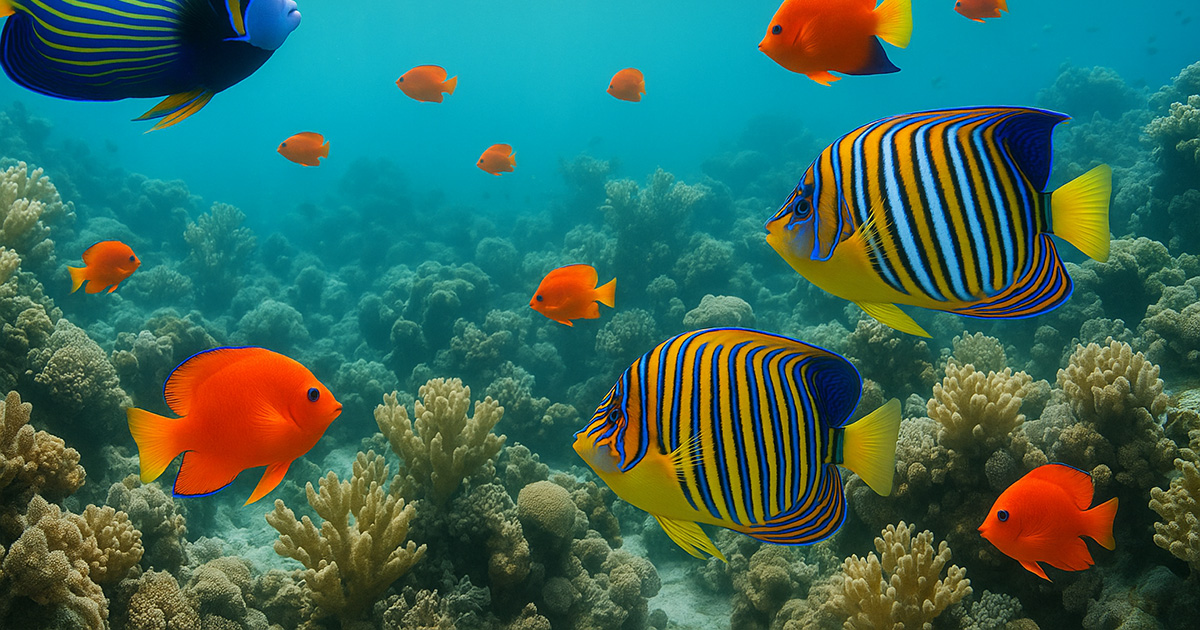 Two regal angelfish, banded blue-white-and-yellow, over a shallow coral reef with orange damselfish.