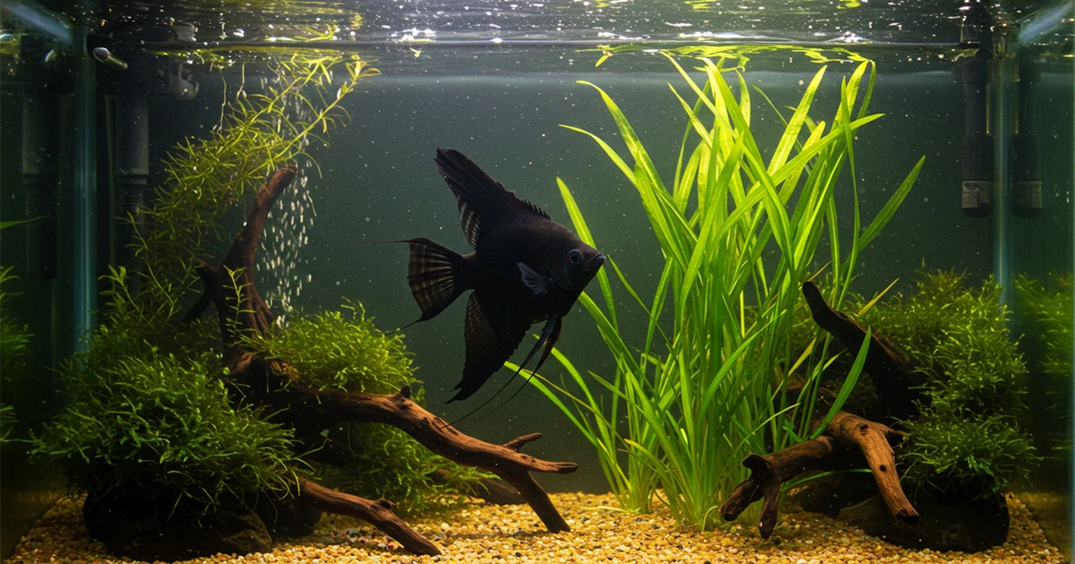 A Black Angelfish in a beautifully aquascaped tank