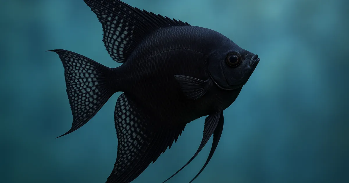 An elegant Black Lace Angelfish showcasing its dark body and the intricate lace pattern in its fins.