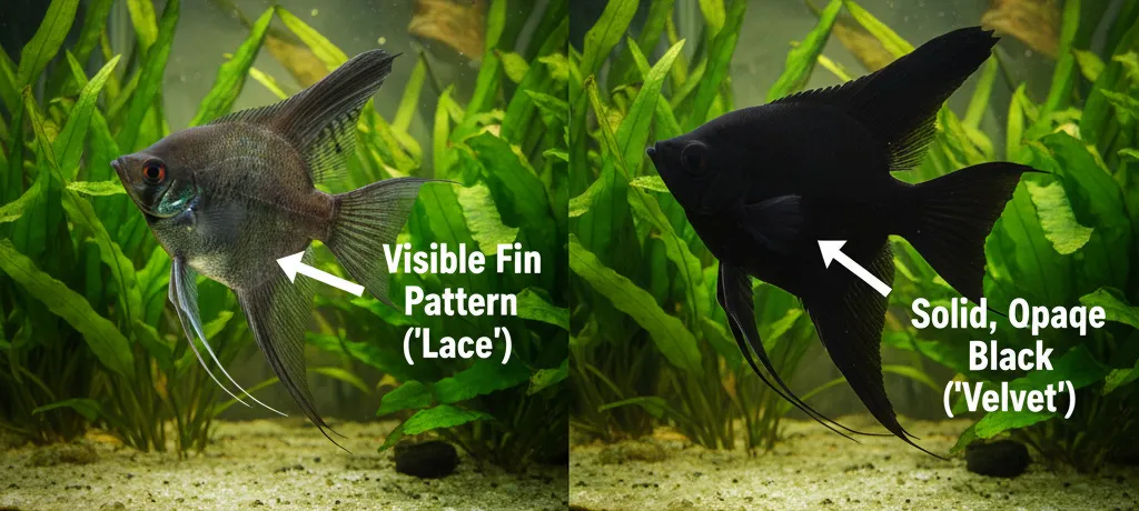 Side-by-side comparison of a Black Lace Angelfish and a Double Dark Black Angelfish