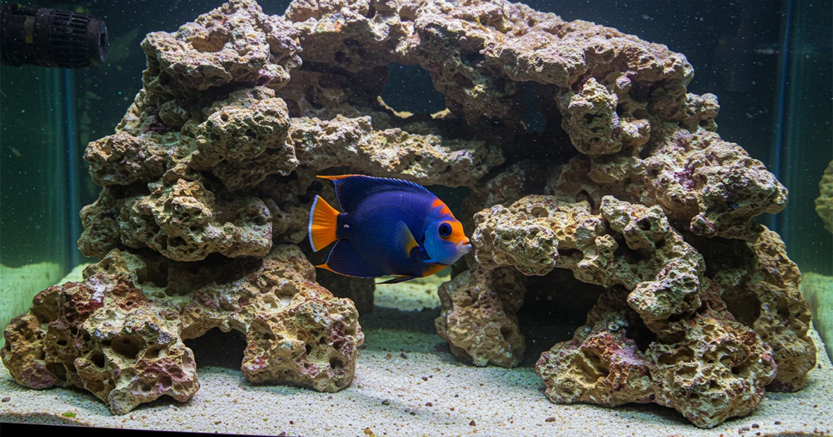 A stunning Coral Beauty Angelfish with its deep blue body and vibrant orange head swims past live rock in a saltwater aquarium.