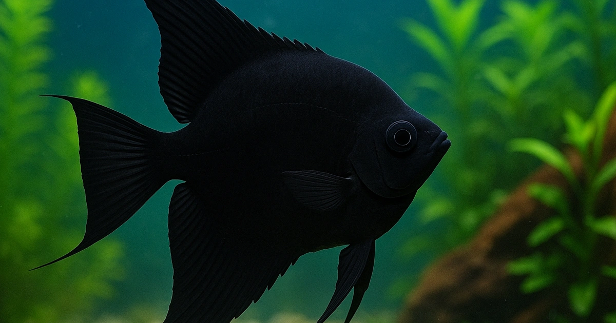 A stunning Double Dark Black Angelfish with a deep, velvety black coloration.