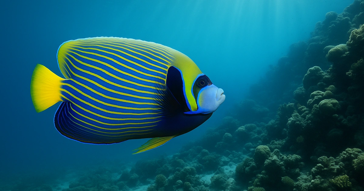A majestic Emperor Angelfish swimming near a coral reef