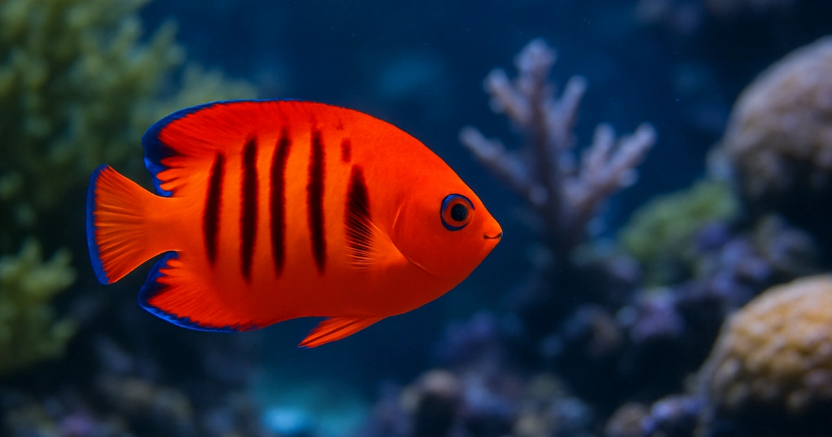 A brilliant red-orange Flame Angelfish with vertical black bars swimming in a coral reef tank.