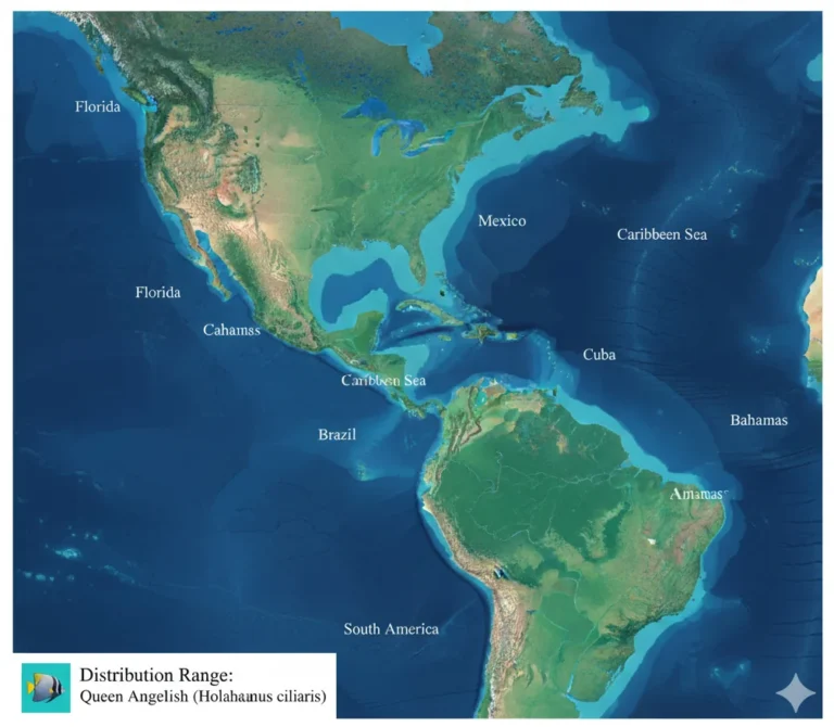 Map showing the distribution range of the Queen Angelfish across the Western Atlantic, Caribbean, and Brazil