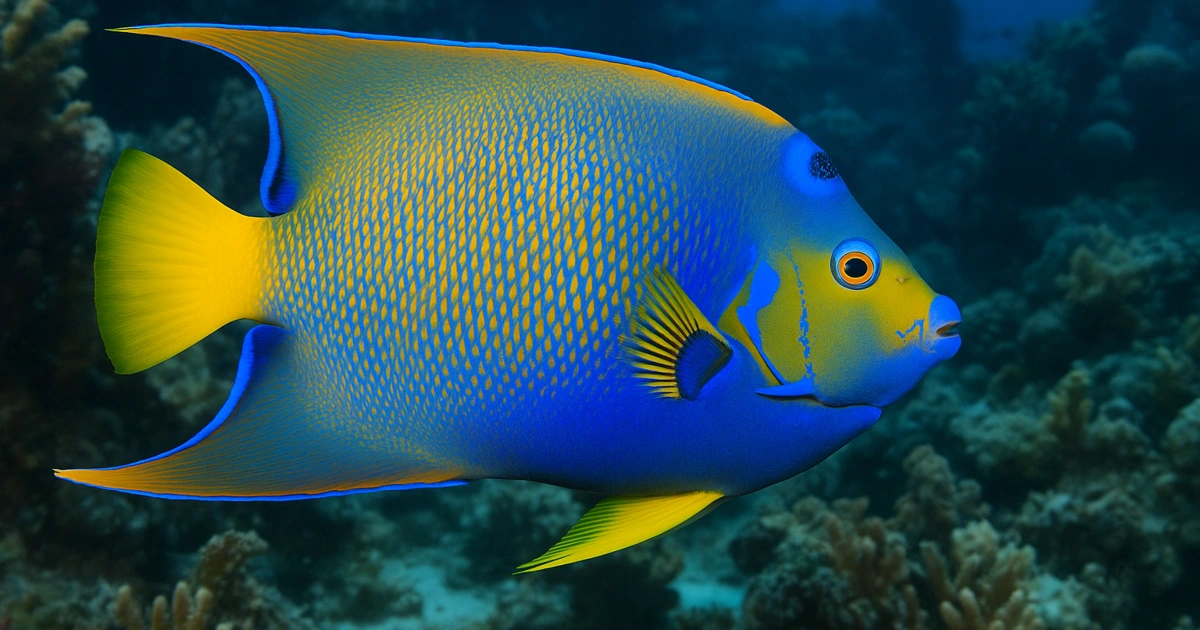A vibrant Queen Angelfish with bright blue and yellow body swimming near Caribbean coral reefs