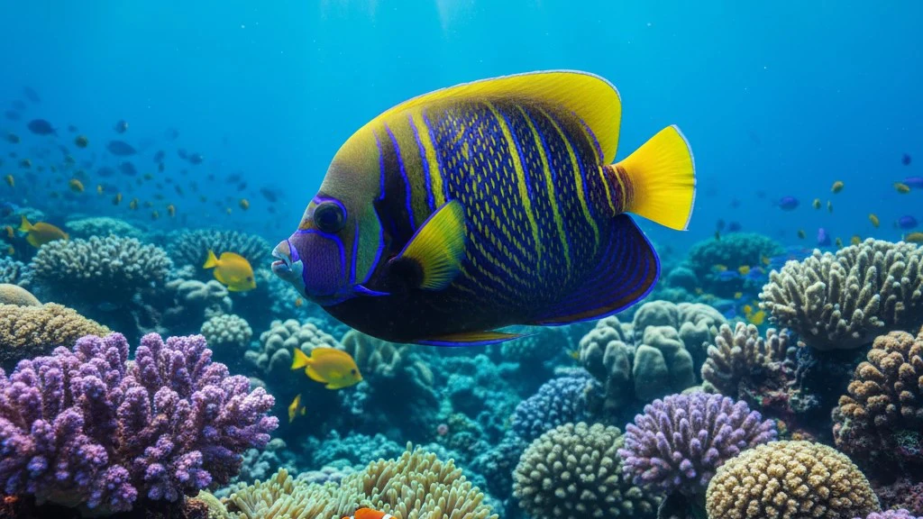 A vibrant saltwater Emperor Angelfish swimming in a coral reef