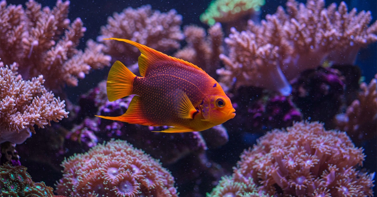A Flame Angelfish swimming gracefully amidst a healthy, colorful reef aquarium filled with a variety of soft and LPS corals.
