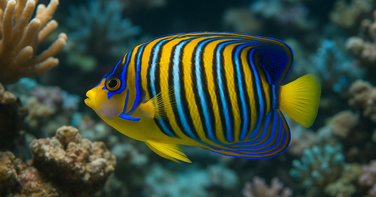 Stunning Regal Angelfish (Pygoplites diacanthus) with vivid yellow and blue stripes