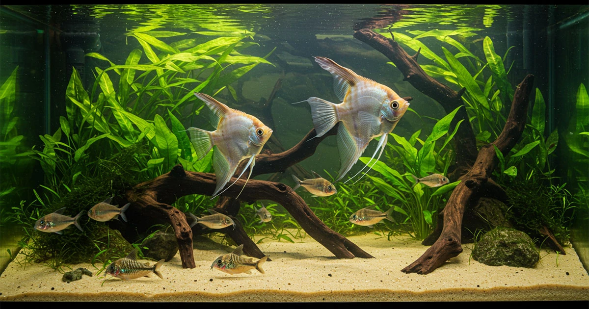 A silver angelfish swimming in a planted aquarium with its tank mates, rummy nose tetras and corydoras catfish.
